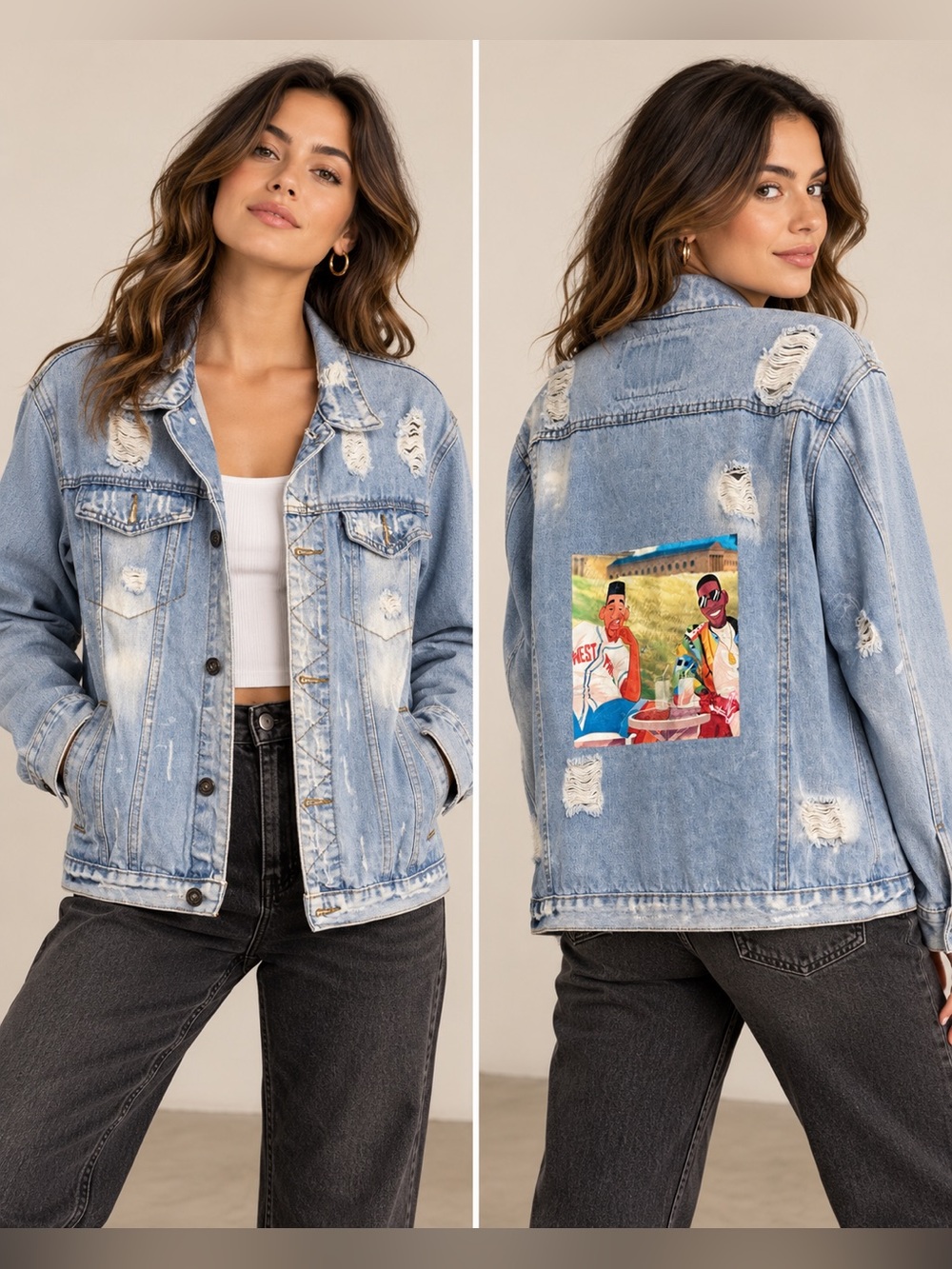 Rolling Paper Distressed Graphic Denim Jacket Light Wash West Philly Streetwear
